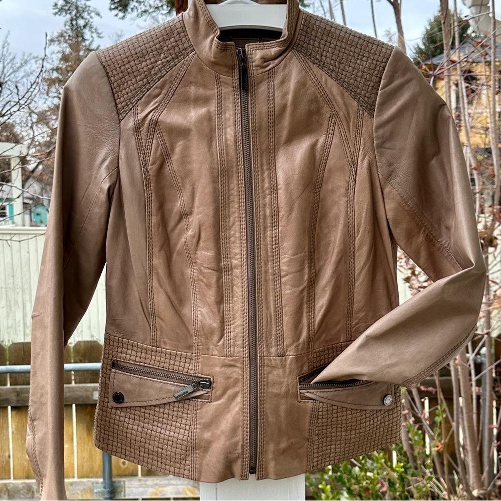 Bernardo Women’s Leather Moto Jacket Taupe Brown Neutral Capsule Wardrobe